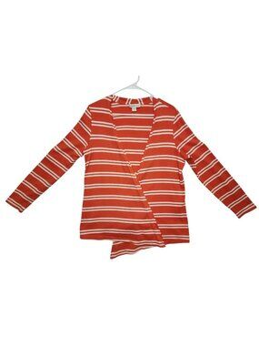 Coldwater Creek Women L Coral Stripe Faux Wrap Top Cotton Long Sleeve